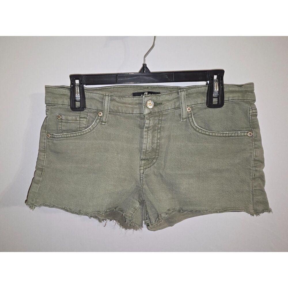 7 For All Mankind Olive Green Frayed Hem Denim Shorts Size 28